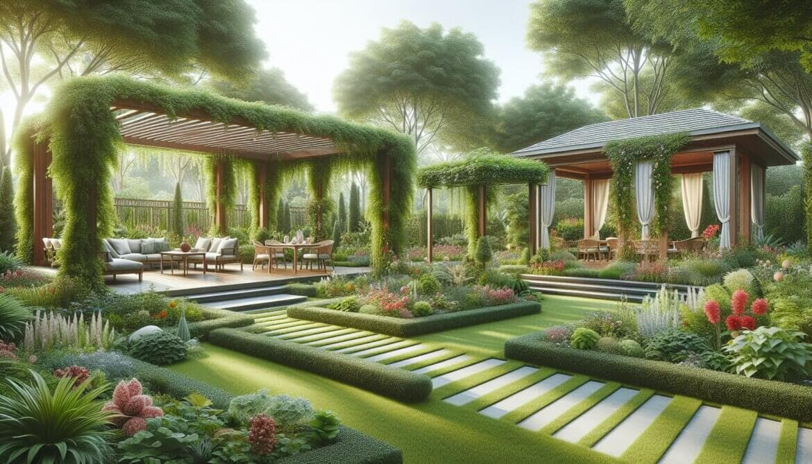 Garten mit charmantenHolzpergolen - Fotocredit: Bazoom AI