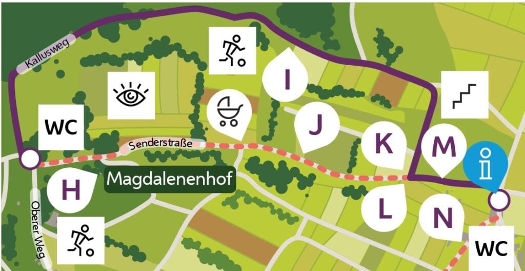 Weinspaziergang - Route 2a: Parkplatz Senderstrasse – Magdalenenhof, 1,5 km und <br />Route 2b: Magdalenenhof – Senderstraße 2,3 km