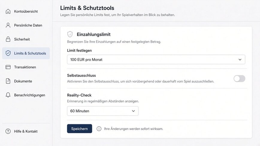 Kontoeinstellungen mit Einzahlungslimit, Beispiel aus dem Testablauf