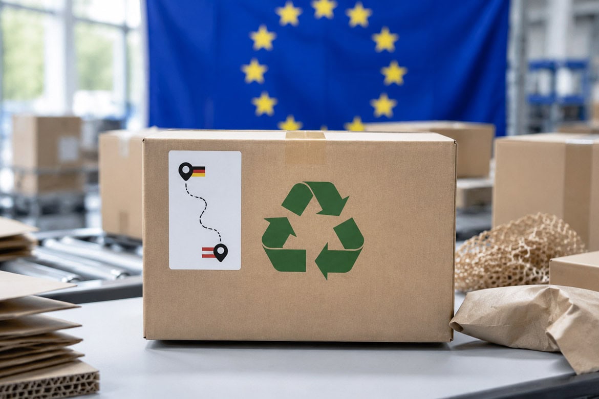 PPWR Verpackungsverordnung 2026 – Online-Shopping Paket mit deutscher Lieferadresse fuer den Versand nach Oesterreich